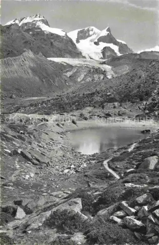 AK / Ansichtskarte Gruensee Findelengletscher Findelen Findeln Rhone Valais VS Gruensee Findelengletscher Rimpfischhorn Strahlhorn Adlerhorn Bergsee Gletscher Felsen Geroell