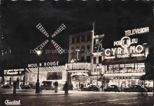 AK / Ansichtskarte PARIS 75 Moulin-Rouge Nachtaufnahme Neonreklame Montmartre Boulevard-de-Clichy Brasserie-Cyrano Tabac S/W-Foto