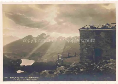AK / Ansichtskarte Pontresina Maloja GR Schafberghuette Bergsee Alpenpanorama Berge Sonnenstrahlen Steingebaeude Gebirge Segantini