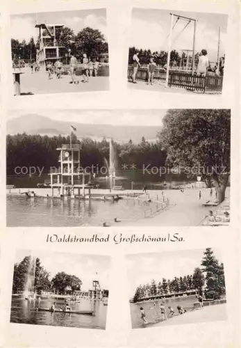 AK / Ansichtskarte Grossschoenau Goerlitz Sachsen Waldstrandbad Freibad Gondelteich Sprungturm Schwimmer Fontaene Wald