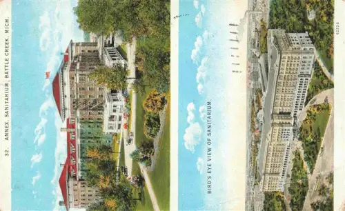 AK / Ansichtskarte Battle Creek Michigan USA Sanitarium Annex Gebaeude Fliegeraufnahme Park Fabrikschornsteine Rasen