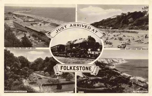 AK / Ansichtskarte FOLKESTONE Shepway Kent UK Bathing-Pool Leas Leas-Cliff-Hall Beach Kingsnorth-Gardens Warren Dampflokomotive
