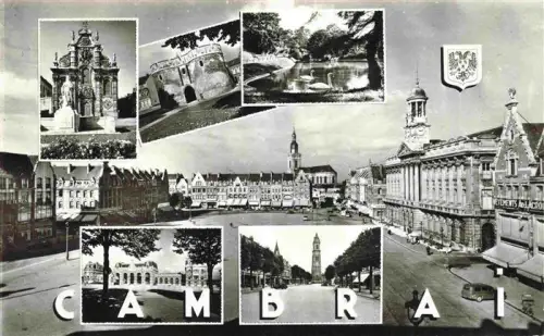 AK / Ansichtskarte CAMBRAI 59 Nord Grand-Place Rathaus Kirchturm Standbild Stadttor Schwan Park Wappen Strassenszene