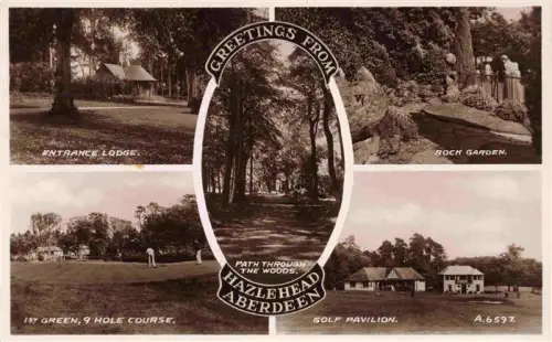 AK / Ansichtskarte Hazlehead Aberdeen Scotland UK Hazlehead-Park Entrance-Lodge Rock-Garden Golfplatz Golf-Pavilion Wald Baumweg