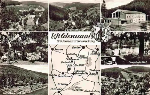 AK / Ansichtskarte Wildemann Harz Goslar Niedersachsen Spiegeltal Kurhaus Spiegeltaler-Teich Golfplatz Freibad Oberharz Wappen