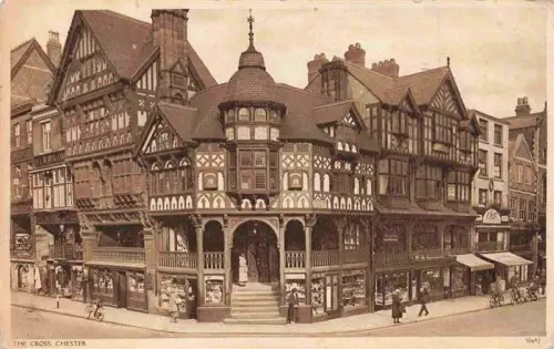AK / Ansichtskarte CHESTER Cheshire UK The-Cross Fachwerk Tudor Galerie Geschaefte Passanten Stadtplatz