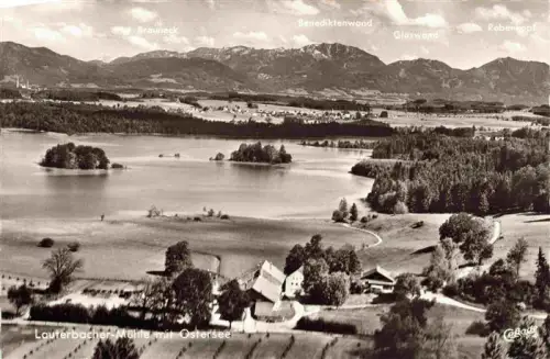 AK / Ansichtskarte Lauterbacher-Muehle Ostersee Iffeldorf Bayern Luftaufnahme Lauterbacher-Muehle Ostersee See Insel Berge Benediktenwand Brauneck Wald