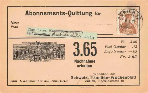 AK / Ansichtskarte ZueRICH  ZH Abonnements-Quittung Familien-Wochenblatt Seefeldstrasse Eaux-Vives Nachnahme