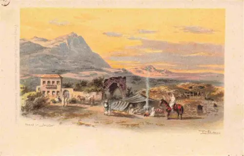 AK / Ansichtskarte Jericho  Israel Abend Zelt Pferd Ruinen Berge Landschaft Reiter orientalisch Sonnenuntergang