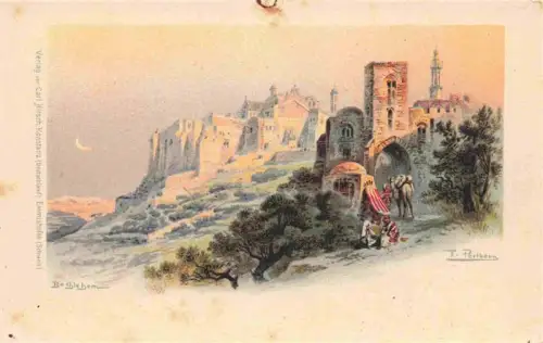 AK / Ansichtskarte Bethlehem  Yerushalayim Israel Bethlehem Stadtansicht Minarett Kamel Mondschicht Ruinen Orientalisch Huegel