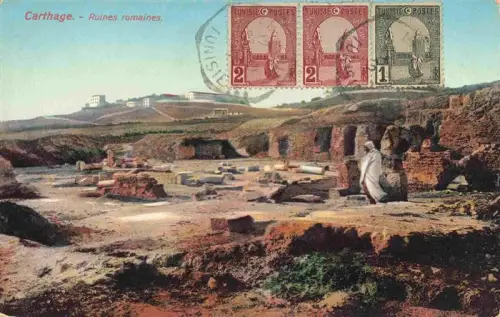 AK / Ansichtskarte Carthage  Karthago Carthago Tunesie Roemische-Ruinen Ausgrabungen Saeulen Mann Huegel Gebaeude