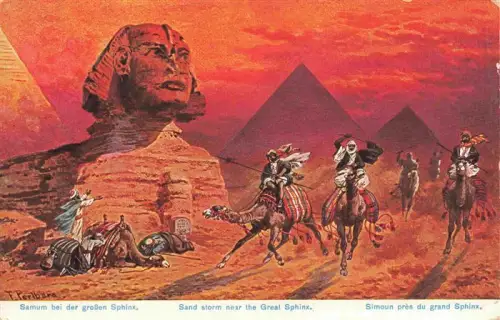 AK / Ansichtskarte Sphinx Gizeh Giza Egypt Sphinx Pyramiden Kamelreiter Sandsturm Wueste Araber