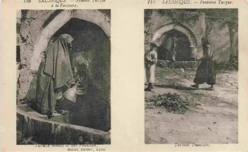 AK / Ansichtskarte Salonique Salonica Salonicco Greece Fontaine-Turque Tuerkische-Frau Brunnen Tracht Schleier Boegen Maenner