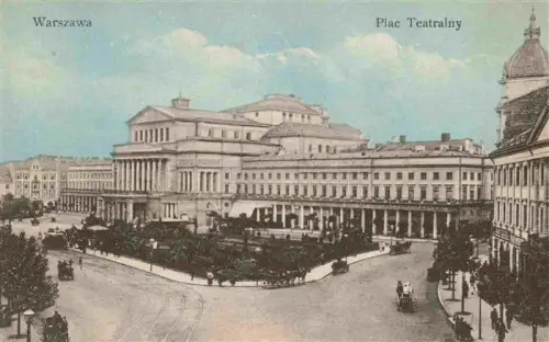 AK / Ansichtskarte WARSZAWA Warschau PL Plac-Teatralny Grosses-Theater Saeulen Pferdewagen Strassenbahn Passanten Stadtszene