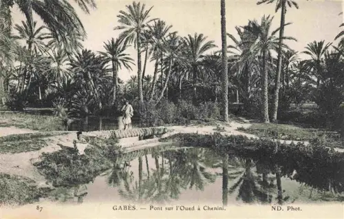AK / Ansichtskarte Gabes Tunesie Chenini Pont Oued Palmen Oase Spiegelung Mann
