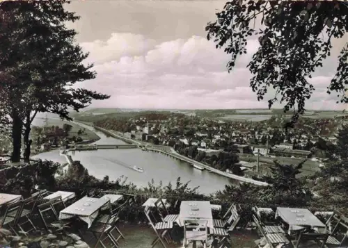 AK / Ansichtskarte Kettwig Ruhr Bruecke Stadtpanorama Restaurantterrasse Stuehle Tische Schiff Flusstal Wald Ruhrhoehen-Terrassen