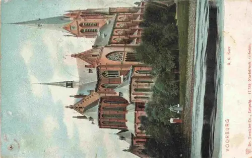 AK / Ansichtskarte Voorburg Zuid-Holland NL R.K.-Kerk Katholische-Kirche Neugotik Kirchturm Backsteinkirche Kanal Baeume handkoloriert