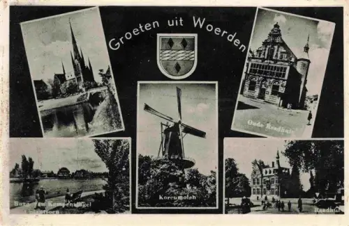 AK / Ansichtskarte Woerden Utrecht NL Groeten-uit-Woerden Kirche Oude-Raadhuis Korenmolen Windmuehle Raadhuis Plantsoen Mehrbildkarte