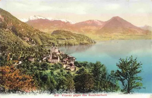 AK / Ansichtskarte Vitznau Witznau Vierwaldstaettersee LU Buochserhorn Vierwaldstaettersee See Berge Ortschaft Kirche Wald