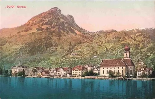 AK / Ansichtskarte Gersau Vierwaldstaettersee SZ Vierwaldstaettersee Kirche Dorf Berge Seeufer Hotel