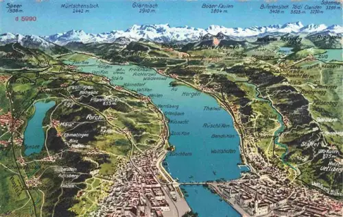 AK / Ansichtskarte ZueRICH  ZH Zuerichsee Panoramakarte Luftbild Forchbahn Forch Uetliberg Albis Rigi Speer Glaernisch