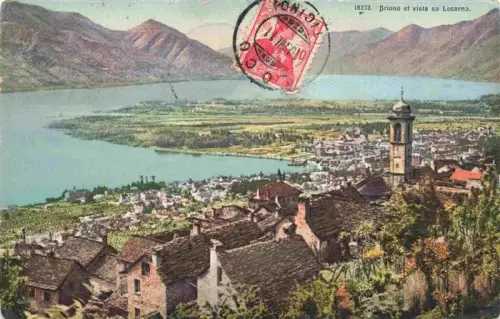 AK / Ansichtskarte Brione-Verzasca Minusio Locarno TI Locarno Lago-Maggiore Kirchturm Dorf Panorama Berge See Haeuser