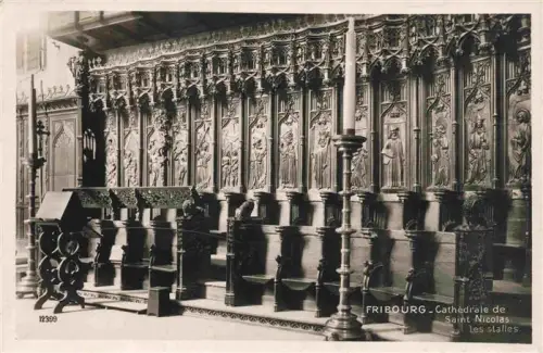 AK / Ansichtskarte FRIBOURG  FR Cathédrale-de-Saint-Nicolas Stalles Chorgestuehl Holzschnitzerei gotisch Innenraum Reliefs