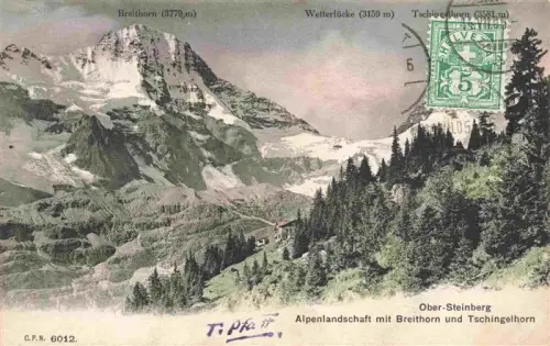 AK / Ansichtskarte Obersteinberg Stechelberg BE Breithorn Tschingelhorn Wetterluecke Berggasthaus Alpenlandschaft Gletscher Bergwald handkoloriert
