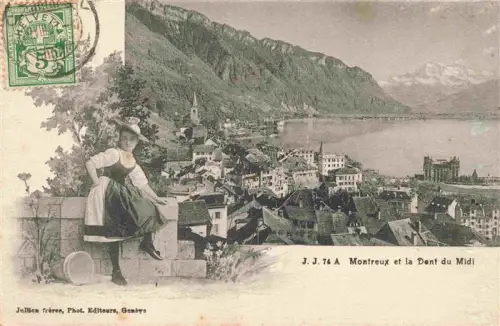 AK / Ansichtskarte MONTREUX  VD Dent-du-Midi Genfersee Panorama Stadtansicht Tracht Frau Berge handkoloriert