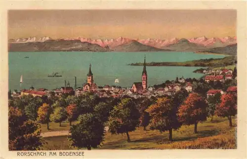 AK / Ansichtskarte RORSCHACH Bodensee SG Bodensee Panorama Kirchturm Dampfschiff Segelboot Obstbaeume Alpen handkoloriert
