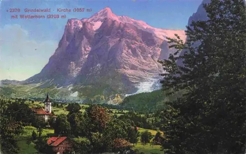 AK / Ansichtskarte Grindelwald BE Kirche Wetterhorn Bergmassiv Gletscher Tal Wiesen Baeume Dorf
