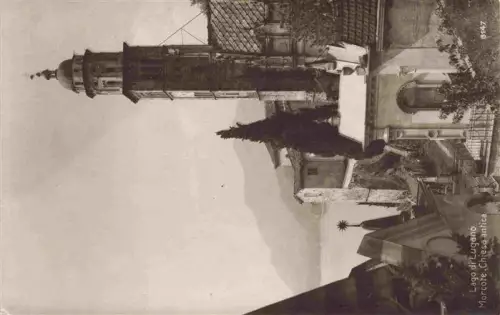 AK / Ansichtskarte Morcote Lago di Lugano TI Chiesa-antica Kirchturm Lago-di-Lugano Zypresse See Berge Friedhof