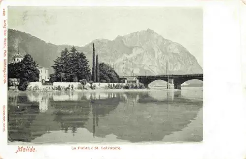 AK / Ansichtskarte Melide Lago di Lugano TI la-Punta Monte-Salvatore Bruecke See Baeume Zypresse Spiegelung
