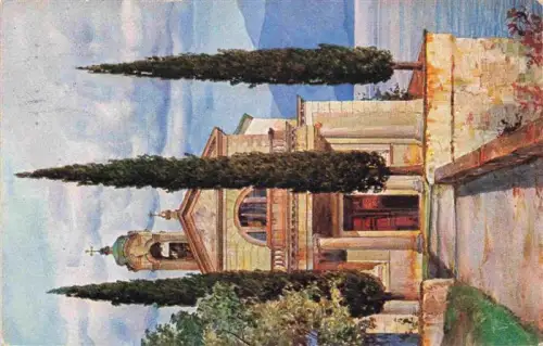 AK / Ansichtskarte Cima Lugano Lago di Lugano TI Chiesa-della-Caravina Kapelle Zypresse Lago-di-Lugano See Gemaelde