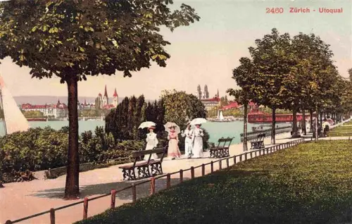 AK / Ansichtskarte ZueRICH  ZH Utoquai Zuerichsee Promenade Sonnenschirme Spaziergaenger Baenke Segelboot Kirchtuerme