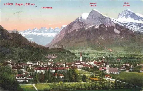 AK / Ansichtskarte Bad Ragaz Ragatz SG Churfirsten Gonzen Alvior Bergpanorama Stadtansicht Kirche Rheintal