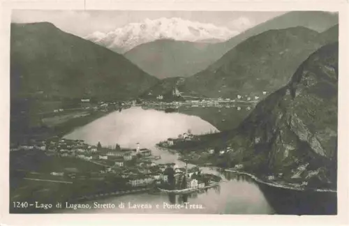 AK / Ansichtskarte Stretto di Lavena Ponte-Tresa TI Lago-di-Lugano Stretto-di-Lavena Pont Berge Dorf Wasser Fliegeraufnahme