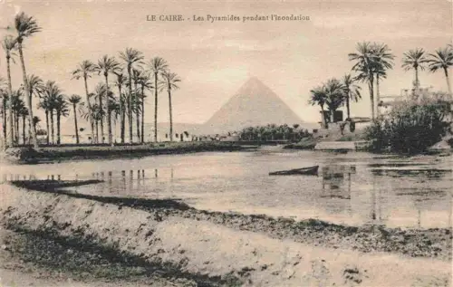 AK / Ansichtskarte Giza Gizeh Egypt Pyramiden Ueberschwemmung Nil Palmen Spiegelung S/W-Fotokarte