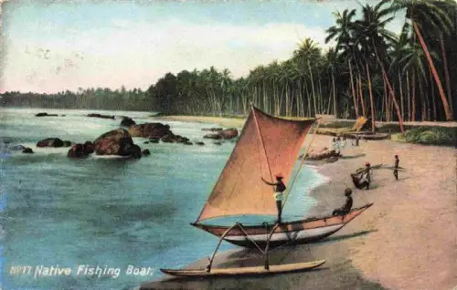 AK / Ansichtskarte COLOMBO  Ceylon Sri Lanka Native-Fishing-Boat Auslegerkanu Fischer Strand Palmen Meer koloriert