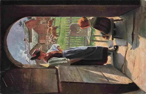 AK / Ansichtskarte Valais Wallis Kanton VS Paysans-du-Valais Volksleben-Wallis Tracht Kuehe Bauernhof Maedchen koloriert Gemaelde