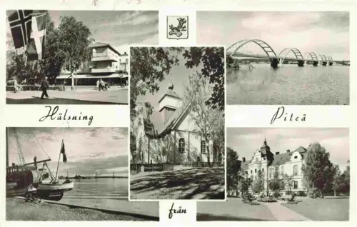 AK / Ansichtskarte Pitea Sweden Piteå Kirche Bruecke Hafen Marktplatz Segelboot Rathaus Flagge