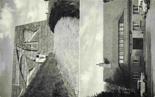 AK / Ansichtskarte Knivsberg Apenrade DK Knivsberg-Restaurant Mahnmal Denkmal Relief Autos Parkplatz