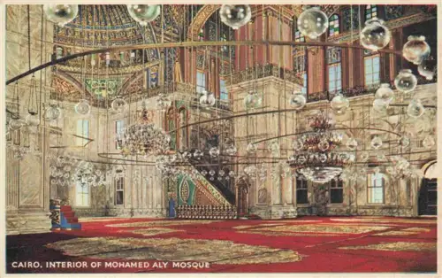 AK / Ansichtskarte CAIRO  Kairo Caire Egypt Mohamed-Aly-Moschee Innenraum Kuppel Minarett Kronleuchter Gebetsteppich Mihrab Marmor