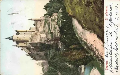 AK / Ansichtskarte Segovia Castilla y Leon ES Alcazar Burg Felsen Tuerme Fluss Weg Baeume handkoloriert