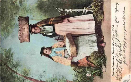 AK / Ansichtskarte Tenerife Islas Canarias Spanien ES Revendedoras Tracht Koerbe Frauen handkoloriert Volkskleidung Strassenhaendlerinnen