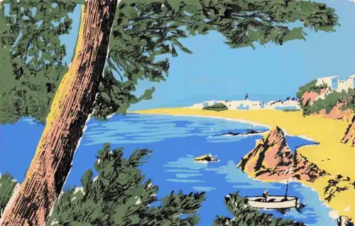 AK / Ansichtskarte LLORET DE MAR Costa Brava ES Costa-Brava Bucht Strand Segelboot Felsen Pinien Meeresblick Siebdruck