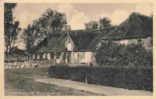 AK / Ansichtskarte Hojer Sogn Hoyer Tonder DK Vestslesvigsk-Bondegaard Bauernhof Reetdach Naturstein Hecke Fahnenmast