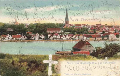 AK / Ansichtskarte Sonderborg DK Brueckenkopf Stadtpanorama Kirche Hafen Segelboot Handkoloriert