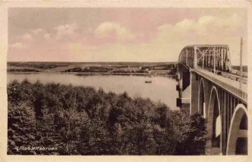 AK / Ansichtskarte Lillebaeltsbroen Middelfart DK Lillebæltsbroen Bruecke Belt Wasser Wald Stahl Eisenbahnbruecke