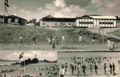 AK / Ansichtskarte Lyngsbo DK Søndagsskolelejren Sportplatz Schwimmbad Danemark-Flagge Kinder Sommer-Feriencamp